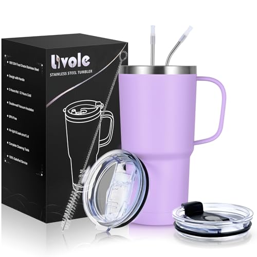 Livole 600ml Thermobecher mit Henkel, Vakuum Kaffeebecher Thermo, Edelstahl Thermobecher mit Strohhalm und Deckel, 20oz Doppelwandig Trinkbecher Reisebecher, coffee to go becher, Hellviolett Livole 600ml Thermobecher mit Henkel, Vakuum Kaffeebecher Thermo, Edelstahl Thermobecher mit Strohhalm und Deckel, 20oz Doppelwandig Trinkbecher Reisebecher, coffee to go becher, Hellviolett von Livole