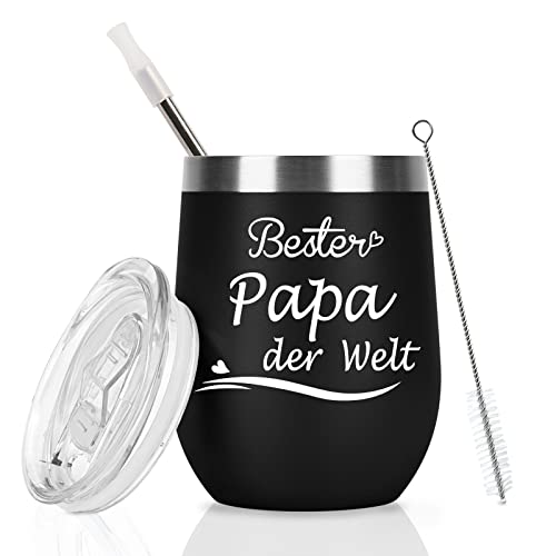 Livole Papa Geschenk Vatertag, Bester Papa der Welt, Weihnachtsgeschenke für Papa, Vater, Väter, Ehemann, Papa Tasse Geburtstagsgeschenk, Edelstahl Weinbecher, 12oz 350ml Doppelwandig Weinglas von Livole