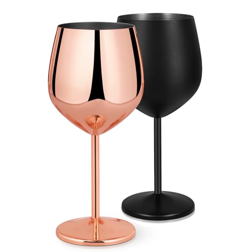 Livole Cocktailgläser aus Edelstahl, Rotweingläser mit Stiel, Unzerbrechlich Weingläser, 18Oz 550ml Sektgläser, Champagner Gläser Set für Partys, Picknicks, Mattes Schwarz und Roségold (2er Pack) von Livole