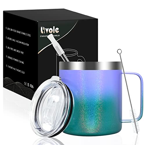 Livole Edelstahl Camping Becher, 12oz Trinkbecher mit Deckel und Strohhalm, Doppelwandig Thermotasse 350ml, Vakuum Thermobecher mit Henkel, Coffee to go Becher, Isolierter Outdoor Tasse, Farbverlauf von Livole