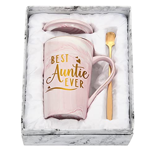 Livole Tante Geschenk von Nichte, Neffe, Geschenkideen, Sinnvolle Geschenk für Tante, Weihnachtsgeschenke, Beste Tante Geschenke - Best Auntie Ever - 14oz 400ml Keramik Kaffeetasse mit Deckel, Löffel von Livole