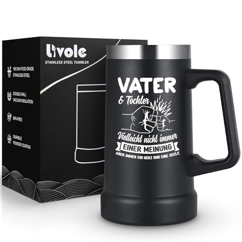 Livole Geschenke für Papa Vatertag, Papa Vater Tochter Geschenk - VATER & TOCHTER. Vielleicht nicht immer einer Meinung aber immer ein Herz und eine Seele - 700ml Doppelwandig Bierglas aus Edelstahl von Livole