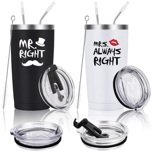 Livole Mr Right und Mrs Always Right Hochzeitsgeschenke für Brautpaar, Paare Geschenke Set zu Weihnachten, Jahrestag, Verlobungsgeschenk, Hochzeitstag, 20oz Edelstahl Weinbecher mit Deckel, Strohhalm von Livole