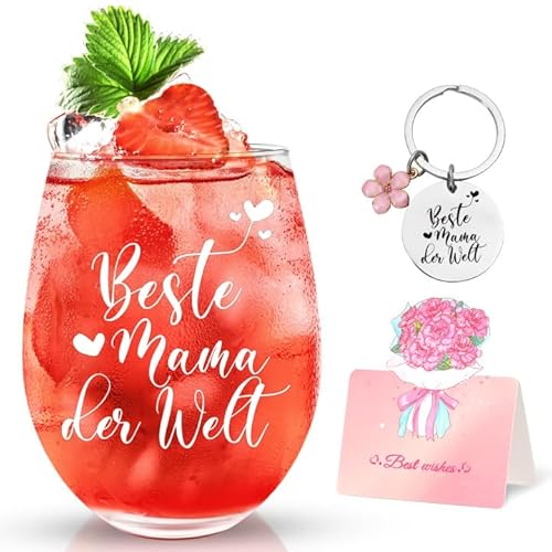 Livole Muttertagsgeschenke für Mama, Mutter, Mütter, Frauen, Muttertag Geschenk, Geschenkideen für die Mutter - Beste Mama der Welt - Weinglas Mama, 15oz Weingläser ohne Stiel, 450ml Stammlos Glas von Livole