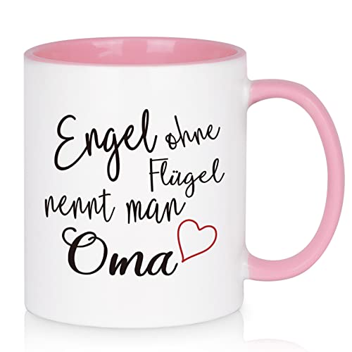 Livole Oma Geschenke Weihnachten Tasse, Lustig Geburtstag Geschenke für Großmutter von Enkel Enkelin, Beidseitig Bedruckt Tasse mit Spruch Engel ohne Flügel nennt man Oma, 11oz, 325ml Kaffeetasse Rosa von Livole