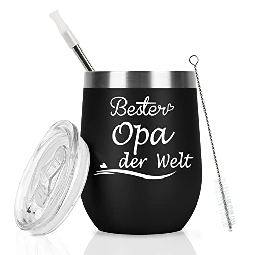 Livole Opa Geschenke Geburtstag, Geburtstagsgeschenk für Opa, Männer, Bester Opa Der Welt, 12oz Kaffeebecher to go, 350ml Weingläser mit Deckel, Stemless Weinbecher für Kaffee, Champagner, Schwarz von Livole