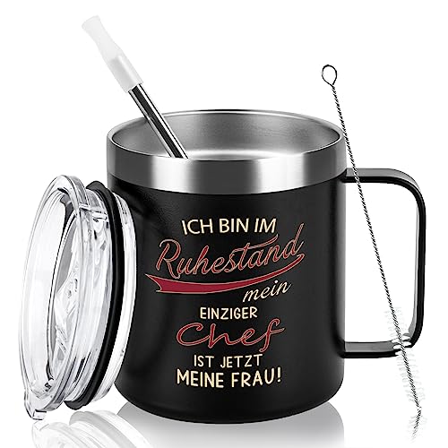 Livole Rentner Geschenke für Mann Männer, Rente Tasse 2024, Geschenke zum Rentenbeginn, Ruhestand Renteneintritt Geschenk,12oz 350ml Doppelwandig Edelstahl kaffeebecher mit Deckel and Strohhalmpinsel von Livole