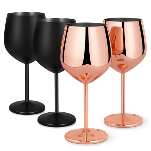 Livole Rotweingläser Set, 18Oz 550ml Weingläser aus Edelstahl, Champagner Gläser, Pokale Groß Bauchig, Cocktailgläser mit Stiel, Wine Glass Set für Cocktails, Mattes Schwarz und Roségold (4er Pack) von Livole