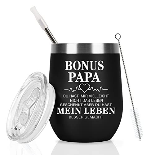 Livole Bonus Papa Geschenk vatertag, Dankeschön Geschenke für Papa, Stiefpapa, Stiefvater, Tasse mit Spruch Bonus Papa, 12oz Vakuum Isolierter Camping Becher, Kaffeebecher to go mit Stroh und Deckel von Livole