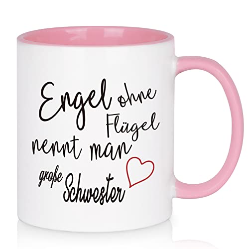 Livole Schwester Geschenk Weihnachten, Lustig Geburtstag Geschenke für Schwester, Freundin, Beidseitig Bedruckt Tasse mit Spruch Engel ohne Flügel nennt Man Schwester, 11oz 325ml Kaffeetasse, Rosa von Livole