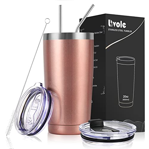 Livole Thermobecher 20oz 600ml für Männer, Frauen, Autobecher, Kaffeebecher to go, Edelstahl Becher mit Strohhalm und Deckel, Doppelwandig Vakuum Trinkbecher, Camping Becher Tasse für Kaffee, Roségold von Livole