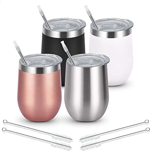 Livole 4 Stück Edelstahl Weinbecher, 12oz 350ml Doppelwandig Weinbecher mit Deckel und Strohhalmpinsel, Vakuumisolierte Reisekaffeetasse für Kaffee, Champagner, Weingläser aus Edelstahl von Livole