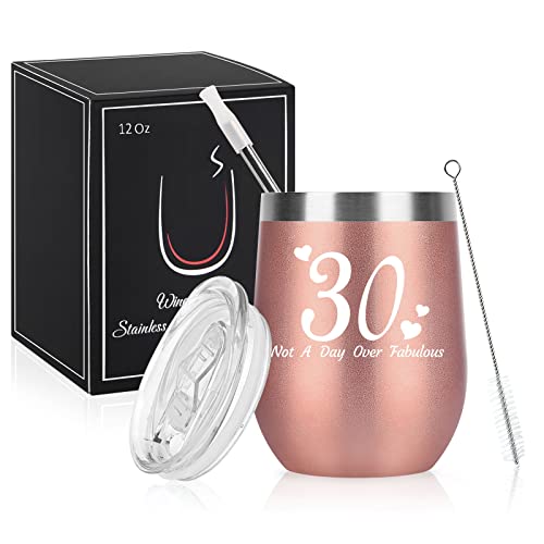 Livole 30. Geburtstag Geschenke für Frauen, 12oz Doppelt Isoliert Edelstahl Weingläser mit Deckel und Strohhalm, Weinbecher ohne Stiel, Weinglas mit lustigem Spruch, Not A Day Over Fabulous, Rosegold von Livole