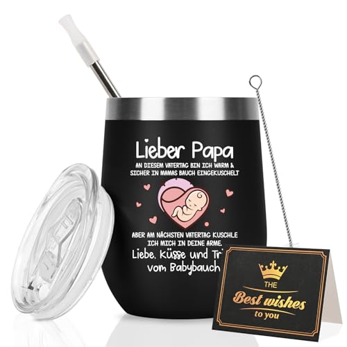 Livole Werdender Papa Geschenk, Du Wirst Papa, Vatertagsgeschenke für Papa, Geschenke für Werdende Eltern, Werdende Väter, Schwangerschaft Geschenk, 12oz 350ml Camping Becher mit Deckel und Strohhalm von Livole