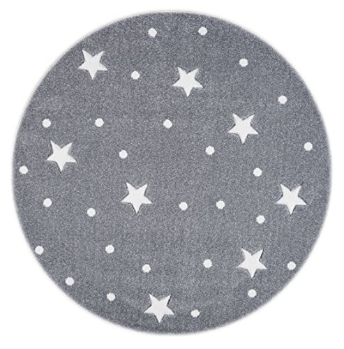 Livone Kinderzimmer Baby Teppich Kinderteppich Punkte Sterne Silber grau Weiss Größe 133 cm rund von Livone