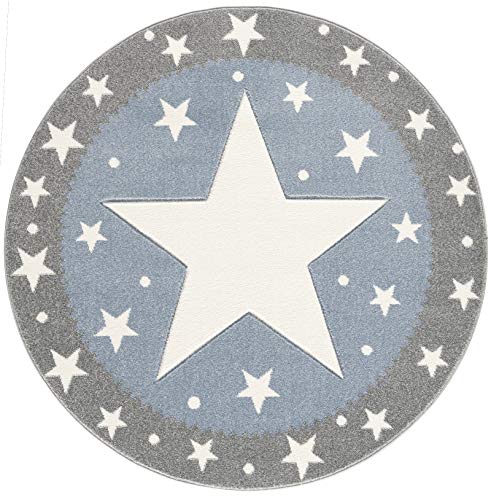 Livone Pflegeleicher Kinderteppich Kinderzimmer Babyteppich mit Sternen Punkte in Silber grau blau Grösse 100 cm rund von Livone