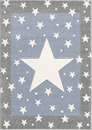 Livone Pflegeleicher Kinderteppich Kinderzimmer Babyteppich mit Sternen Punkte in Silber grau blau Grösse 120 x 170 cm von Livone