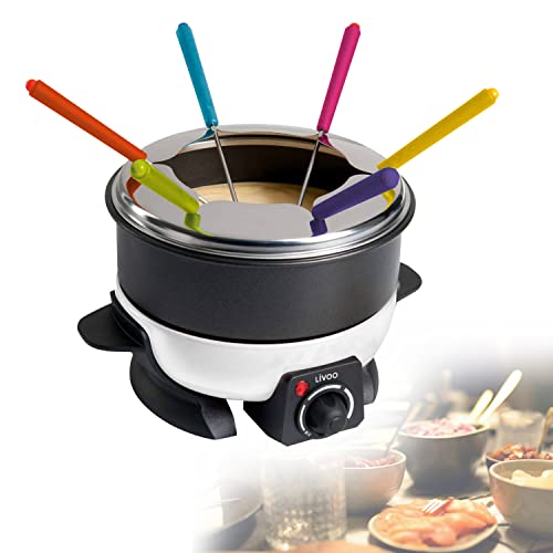 Fondue Elektrisch 6 Personen - Fondueset mit Thermostat 1,6 Liter - Käsefondue Set Schokofondue oder Fleischfondue - 6 Fonduegabeln Fonduetopf Antihaftbeschichtet von Livoo feel good moments