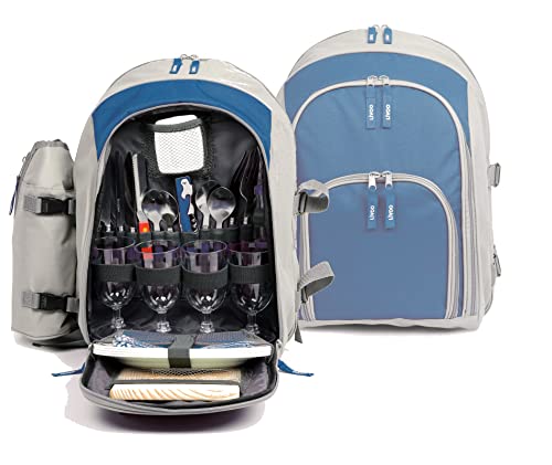 Picknickrucksack 4 Personen mit Geschirr - Picknick Set mit Flaschenhalter viel Zubehör - Lunchtasche mit Kühltasche - Rucksack Gepolsterte Schulterriemen - Thermotasche Picknick und Reisen Blau von Livoo feel good moments