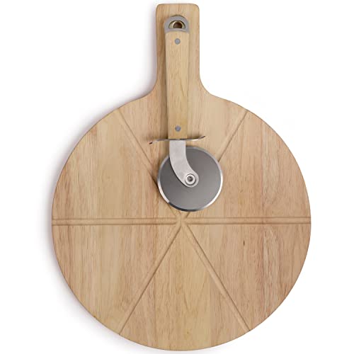 Pizzabrett Holz Rund 40 cm - Servierbrett Pizza mit Pizzaschneider Edelstahl - Pizzaset Schneidebrett und Pizzaroller - Holzbrett mit Griff Aufhängeöse von Livoo feel good moments