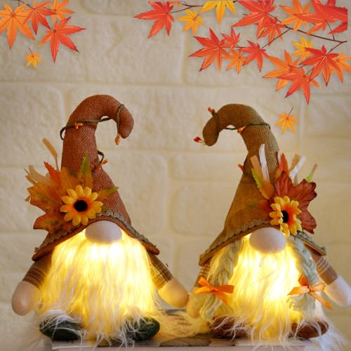 2 Stück Herbstdeko Wichtel mit LED Licht, Herbst Deko Beleuchtet Wichtel mit Ahornblatt Sonnenblumen Deko, Herbst Dekoration Wichtel Figuren Plüsch Für Erntedankfest Weihnachten Party Deko von Livoravoli