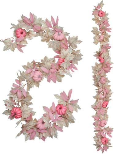 Herbst Dekogirlande, 170 cm, Weiße Ahornblätter mit 7 Rosa Kürbissen, Künstliche Girlande für Tisch und Kamin (Rosa) von Livoravoli