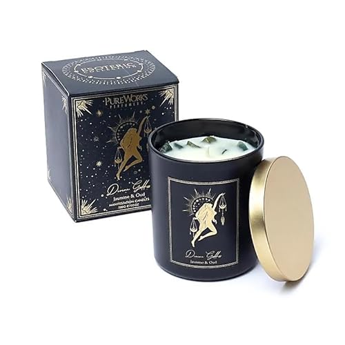 LivuX Manifestationskerze Divine Goddess 50 Std. – Glas mit Deckel & Edelsteinen, 9x7 cm, handgegossen aus Soja- & Palmwachs, Jasmin & Adlerholz Duft, spirituelle Duftkerze & Achtsamkeit 200g 1262 von LivuX
