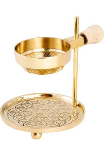 LivuX Räucherstövchen aus Messing goldfarben – Höhe 11 cm verstellbar – Mit Sieb Ø 5 cm & Blume des Lebens Motiv – Für Teelicht & Weihrauch – Holzgriff Natur 1218 von LivuX