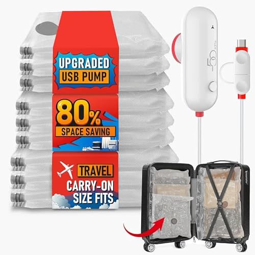 Liwankaqi 12 Stück Reise- Vakuum- Aufbewahrungsbeutel mit elektrischer USB- Pumpe Wiederverwendbare Vakuumbeutel für Kleidung, Decken, Reiseutensilien von Liwankaqi