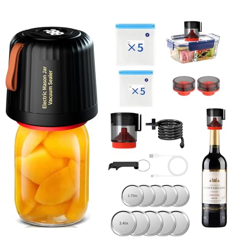 Mason Jar Einmachglas Vakuumierer für Einmachgläser Kompatibel Vacuum Sealer mit Vakuumbeutel, Weinflaschen, Einmachgläsern mit breitem und normalem Mund mit 10 Deckel,10 Vakuumierbeutel von Liwankaqi