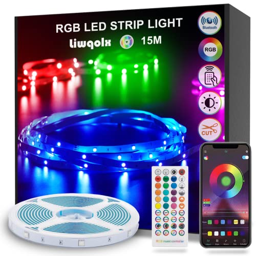 LED Strip 15m, Bluetooth LED Streifen Selbstklebend, RGB Led Band mit Fernbedienung und APP, Farbwechsel mit Musik, Dimmbar Led Lichterkette für Zuhause, Schlafzimmer, Küche, Decke, Party von Liwqolx