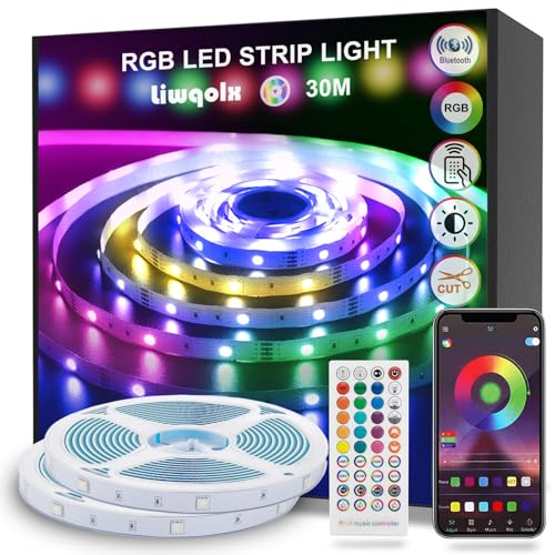 LED Strip 30m, Bluetooth LED Streifen Selbstklebend, RGB Led Band mit Fernbedienung und APP, Farbwechsel mit Musik, Dimmbar Led Lichterkette für Zuhause, Schlafzimmer, Küche, Decke, Party(2X15M) von Liwqolx