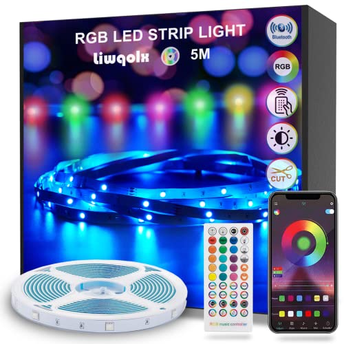 LED Strip 5m, Bluetooth LED Streifen Selbstklebend, RGB Led Band mit Fernbedienung und APP, Farbwechsel mit Musik, Dimmbar Led Lichterkette für Zuhause, Schlafzimmer, Küche, Decke, Party von Liwqolx
