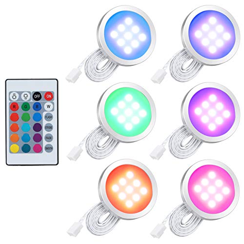 Lixada 6PCS RGB LED Kabinett Licht Installationssatz mit Fernbedienung für Bücherschrank Wandschrank, Dünne Runde Form Unterbauleuchte Farbändernde Dimmable Helligkeit Justierbar von Lixada