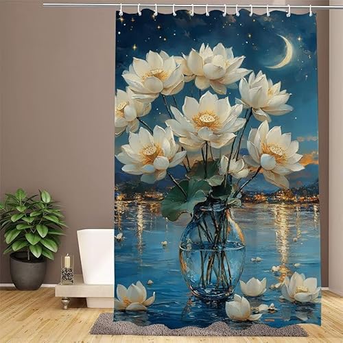 Blau Duschvorhang 200x200cm Duschvorhang Mond Duschrollo,Polyester Stoff Badevorhänge - Wasserdicht,Waschbar,Schnelltrocknend,mit Beschwertem Saum & 12 Ringen - Modernes Design für Badezimmer W1-629 von Lixfagng