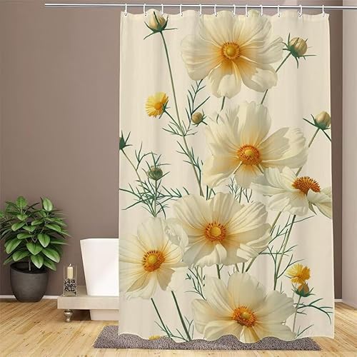 Creme Duschvorhang 120x200cm Duschvorhang Gänseblümchen Duschrollo,Polyester Stoff Badevorhänge - Wasserdicht,Schnelltrocknend,mit Beschwertem Saum & 12 Ringen - Modernes Design für Badezimmer W1-637 von Lixfagng