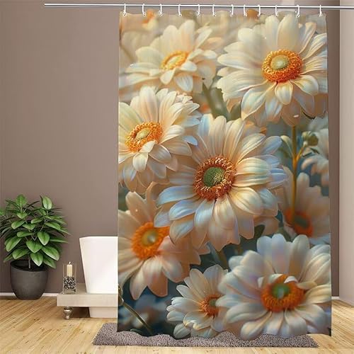 Creme Duschvorhang 180x200cm Duschvorhang Chrysantheme Duschrollo,Polyester Stoff Badevorhänge - Wasserdicht,Schnelltrocknend,mit Beschwertem Saum & 12 Ringen - Modernes Design für Badezimmer W1-635 von Lixfagng