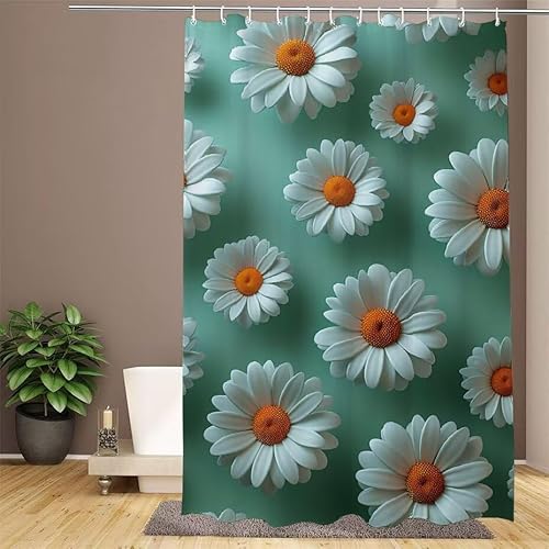 Duschvorhang Beige Shower Curtains Gänseblümchen Duschvorhang 200x220cm Extra Lang Duschrollo Wasserdicht Polyester Stoff Trocknet Schnell Waschbar, mit 12 Haken Verstärkter Saum für Badezimmer W1-936 von Lixfagng