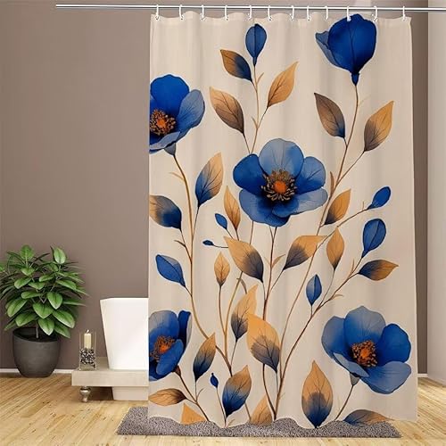 Duschvorhang Blau Shower Curtains Blume Duschvorhang 180x180cm Extra Lang Duschrollo Wasserdicht Polyester Stoff Trocknet Schnell Waschbar mit 12 Haken Verstärkter Saum für Badewanne und Dusche W1-628 von Lixfagng