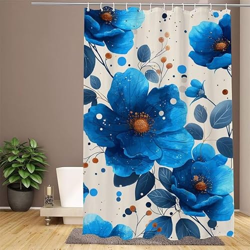 Duschvorhang Blau Shower Curtains Blume Duschvorhang 200x220cm Extra Lang Duschrollo Wasserdicht Polyester Stoff Trocknet Schnell Waschbar mit 12 Haken Verstärkter Saum für Badewanne und Dusche W1-930 von Lixfagng