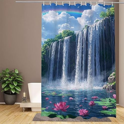 Duschvorhang Blau Shower Curtains Lotus Duschvorhang 180x200cm Extra Lang Duschrollo Wasserdicht Polyester Stoff Trocknet Schnell Waschbar mit 12 Haken Verstärkter Saum für Badewanne und Dusche W1-910 von Lixfagng
