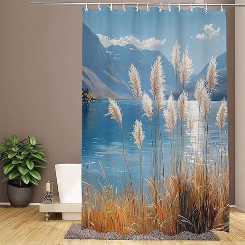 Duschvorhang Blau Shower Curtains See Duschvorhang 200x200cm Extra Lang Duschrollo Wasserdicht Polyester Stoff Trocknet Schnell Waschbar mit 12 Haken Verstärkter Saum für Badewanne und Dusche W1-902 von Lixfagng
