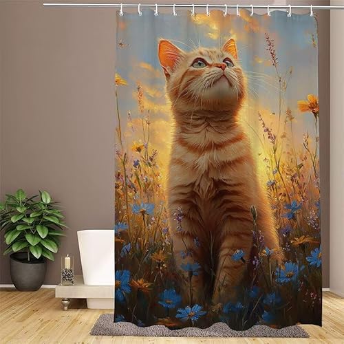 Duschvorhang Braun Shower Curtains Katze Duschvorhang 90x180cm Extra Lang Duschrollo Wasserdicht Polyester Stoff Trocknet Schnell Waschbar mit 12 Haken Verstärkter Saum für Badewanne und Dusche W1-654 von Lixfagng