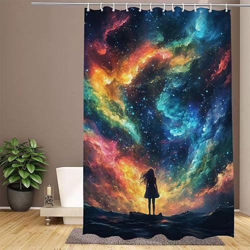 Duschvorhang Bunt Shower Curtains Sternenhimmel Duschvorhang 240x200cm Extra Lang Duschrollo Wasserdicht Polyester Stoff Trocknet Schnell Waschbar, mit 12 Haken Verstärkter Saum für Badezimmer W1-636 von Lixfagng