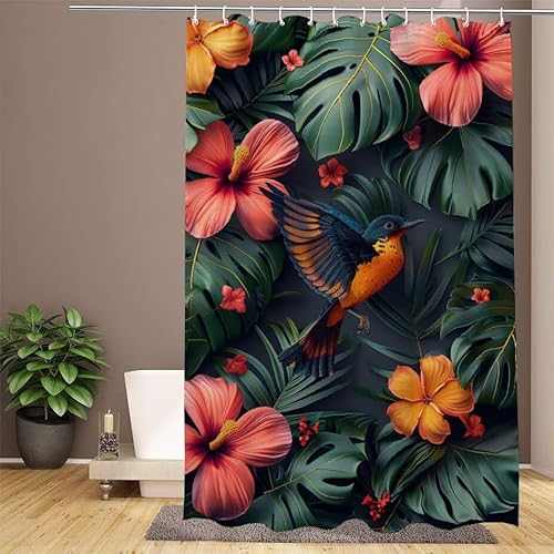 Duschvorhang Grün Shower Curtains Blume Duschvorhang 150x180cm Extra Lang Duschrollo Wasserdicht Polyester Stoff Trocknet Schnell Waschbar mit 12 Haken Verstärkter Saum für Badewanne und Dusche W1-896 von Lixfagng