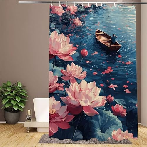 Duschvorhang Rosa Shower Curtains Lotus Duschvorhang 240x200cm Extra Lang Duschrollo Wasserdicht Polyester Stoff Trocknet Schnell Waschbar mit 12 Haken Verstärkter Saum für Badewanne und Dusche W1-646 von Lixfagng