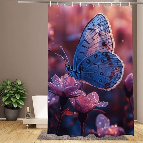 Duschvorhang Rosa Shower Curtains Schmetterling Duschvorhang 120x200cm Extra Lang Duschrollo Wasserdicht Polyester Stoff Trocknet Schnell Waschbar, mit 12 Haken Verstärkter Saum für Badezimmer W1-644 von Lixfagng