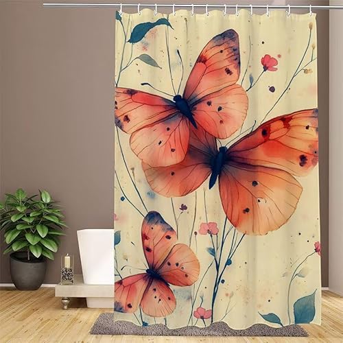 Duschvorhang Rot Shower Curtains Schmetterling Duschvorhang 200x240cm Extra Lang Duschrollo Wasserdicht Polyester Stoff Trocknet Schnell Waschbar, mit 12 Haken Verstärkter Saum für Badezimmer W1-926 von Lixfagng