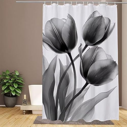 Grau Duschvorhang 90x180cm Duschvorhang Tulpe Duschrollo,Polyester Stoff Badevorhänge - Wasserdicht,Waschbar,Schnelltrocknend,mit Beschwertem Saum & 12 Ringen - Modernes Design für Badezimmer W1-645 von Lixfagng