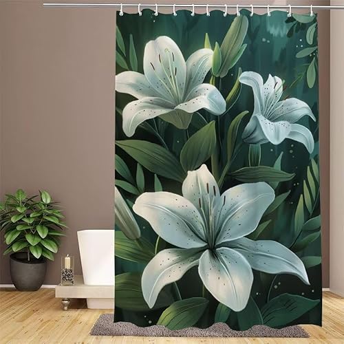 Grün Duschvorhang 150x180cm Duschvorhang Lilie Duschrollo,Polyester Stoff Badevorhänge - Wasserdicht,Waschbar,Schnelltrocknend,mit Beschwertem Saum & 12 Ringen - Modernes Design für Badezimmer W1-937 von Lixfagng